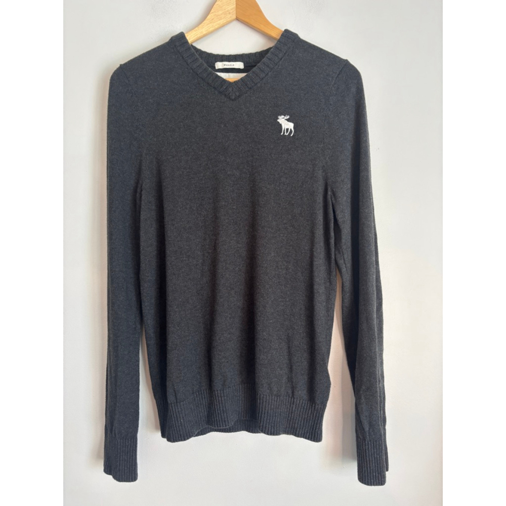Abercrombie Fitch Gray V-Neck Sweater Medium White Moose Logo